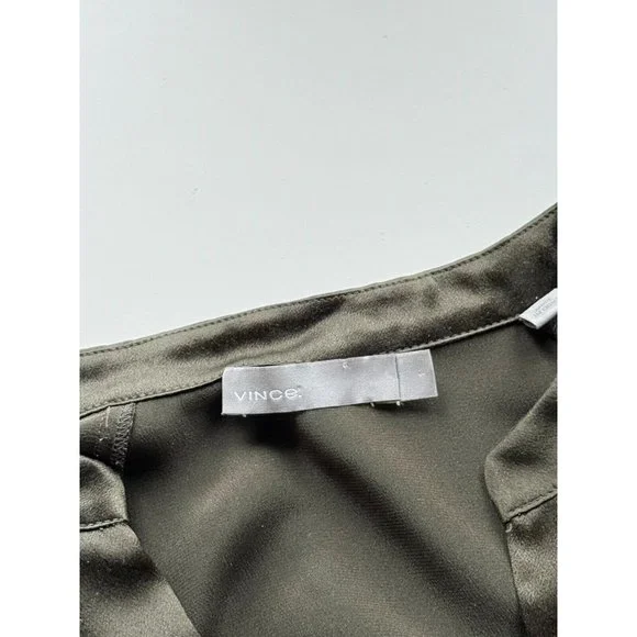 VINCE Olive Green Silk Charmeuse Split Neck Relaxed Tunic Blouse, Size S - Picture 12 of 15